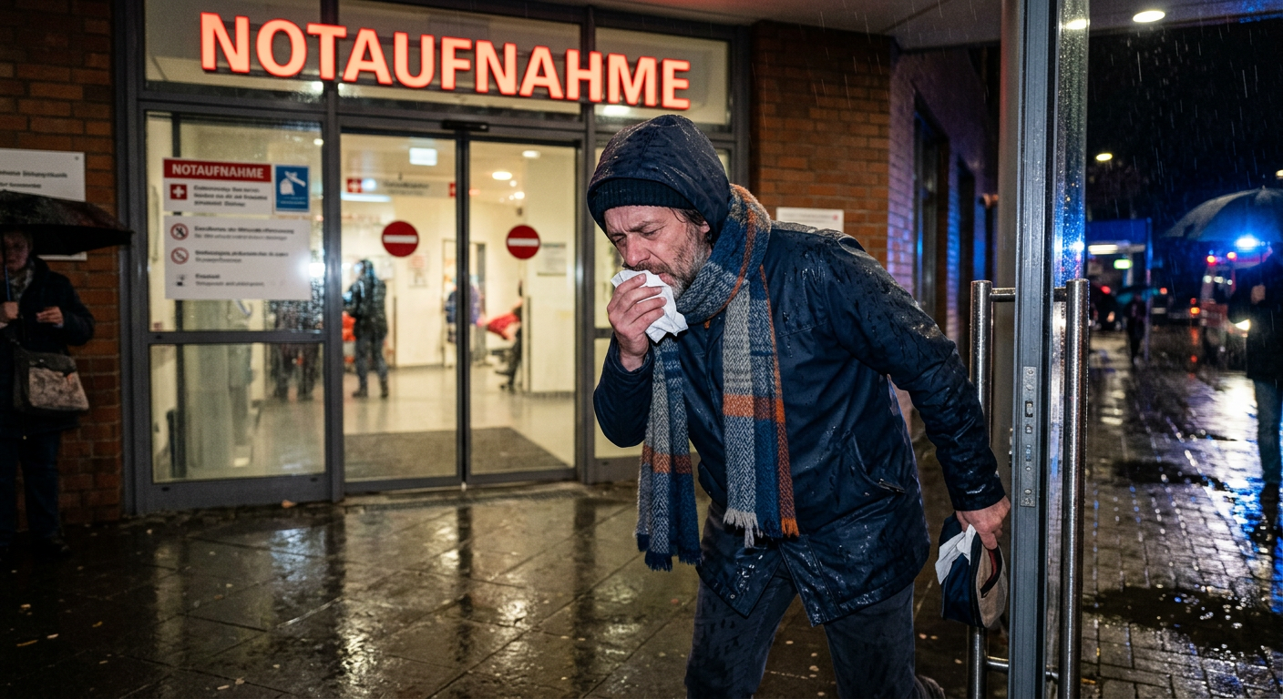 Mann mit Taschentuch in Notaufnahme, um Krankschreibung zu erhalten